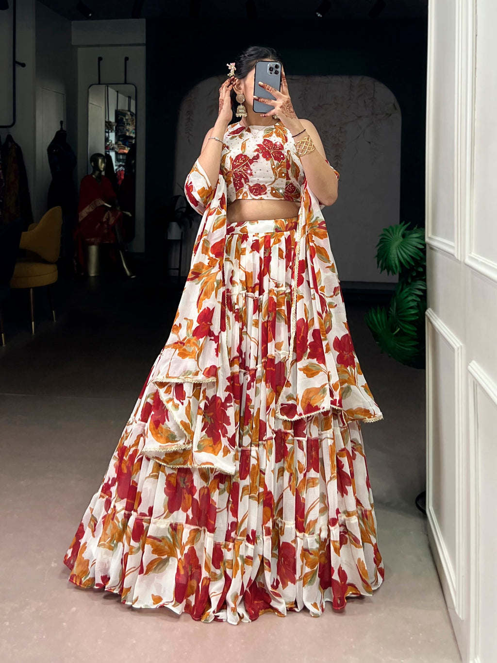 Multicolor Marble Floral Printed Lehenga Choli with Dupatta