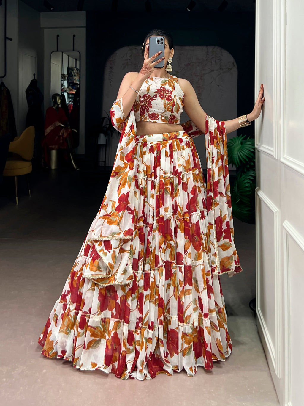 Multicolor floral printed lehenga choli with marble effect