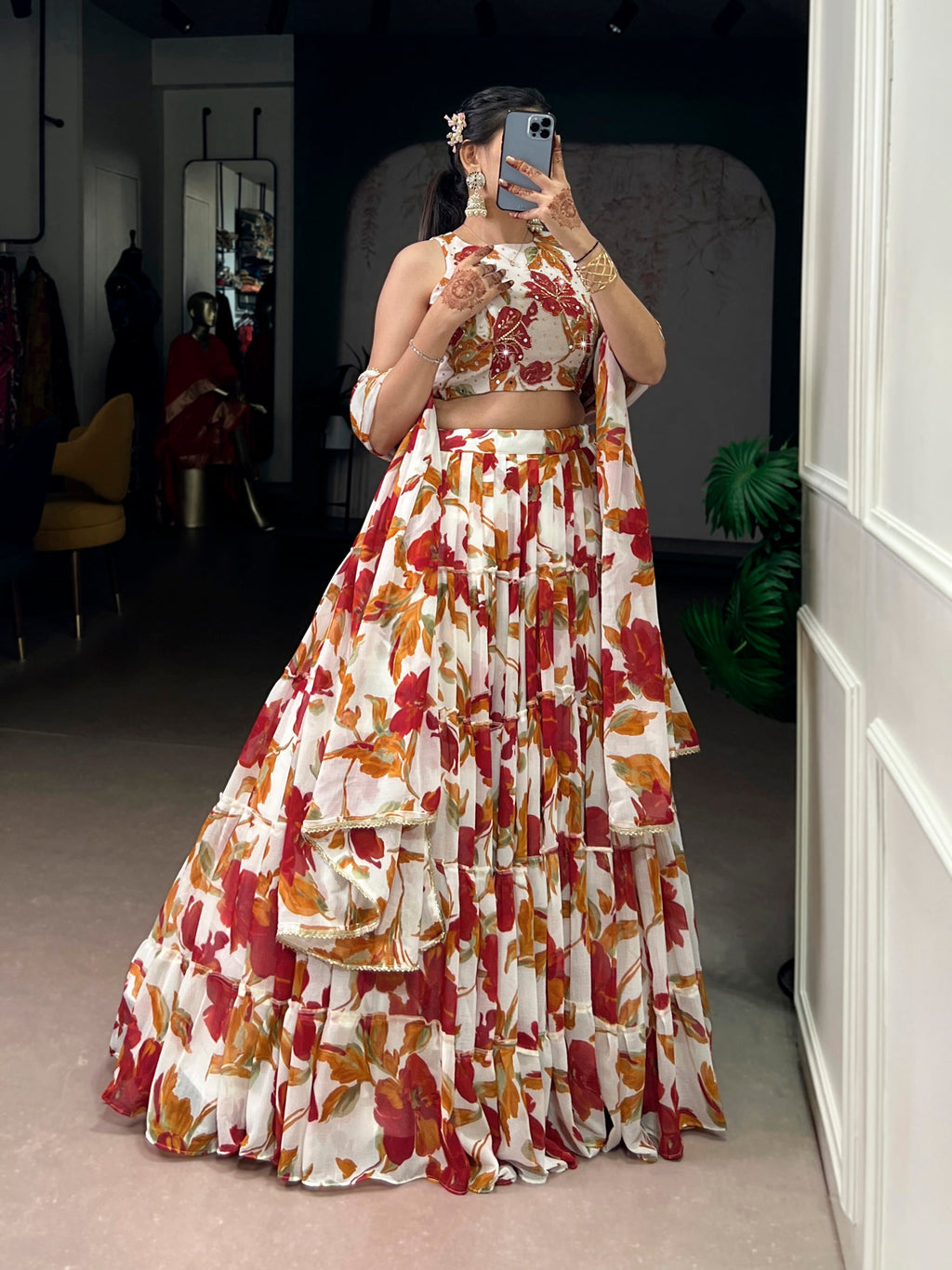 Multicolor Marble Floral Printed Lehenga Choli with Dupatta