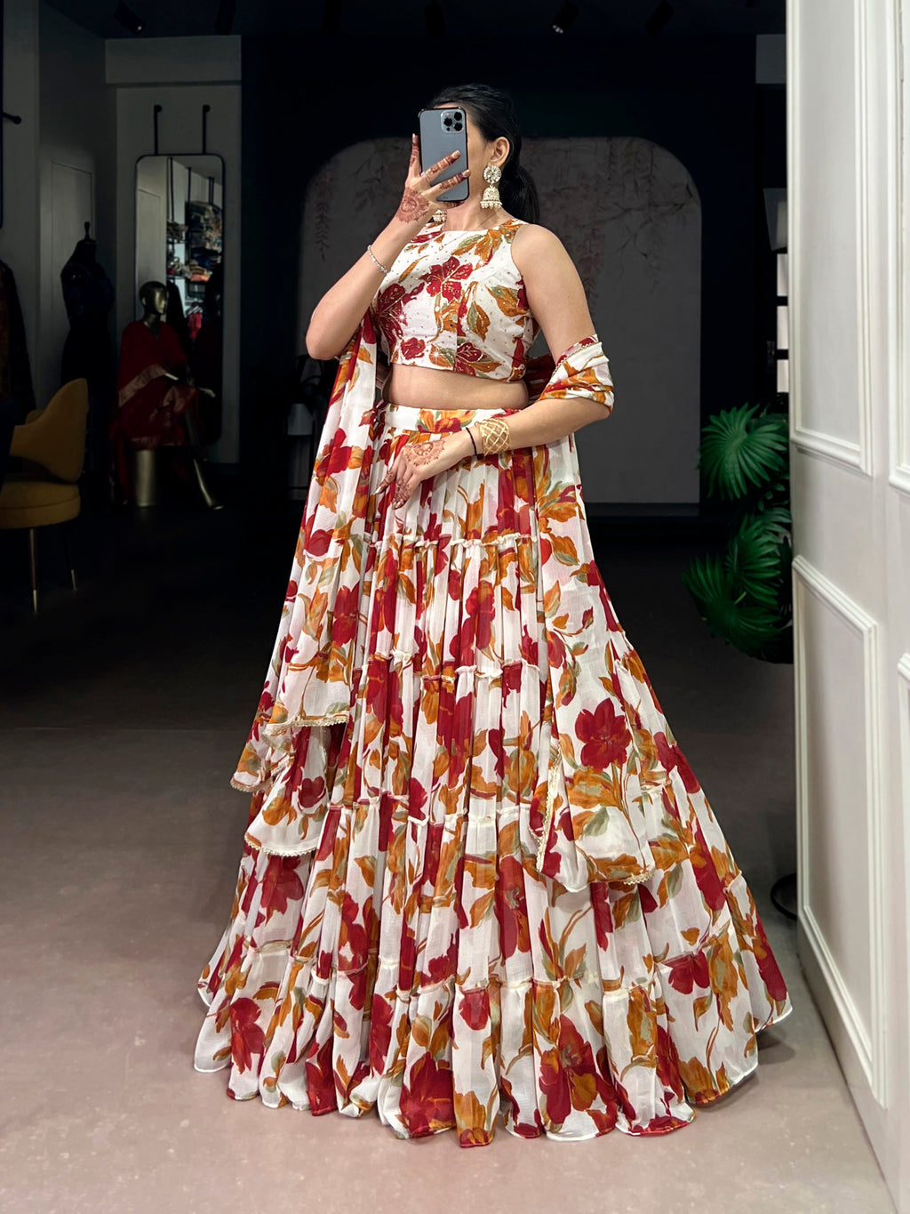 Multicolor Marble Floral Printed Lehenga Choli with Dupatta