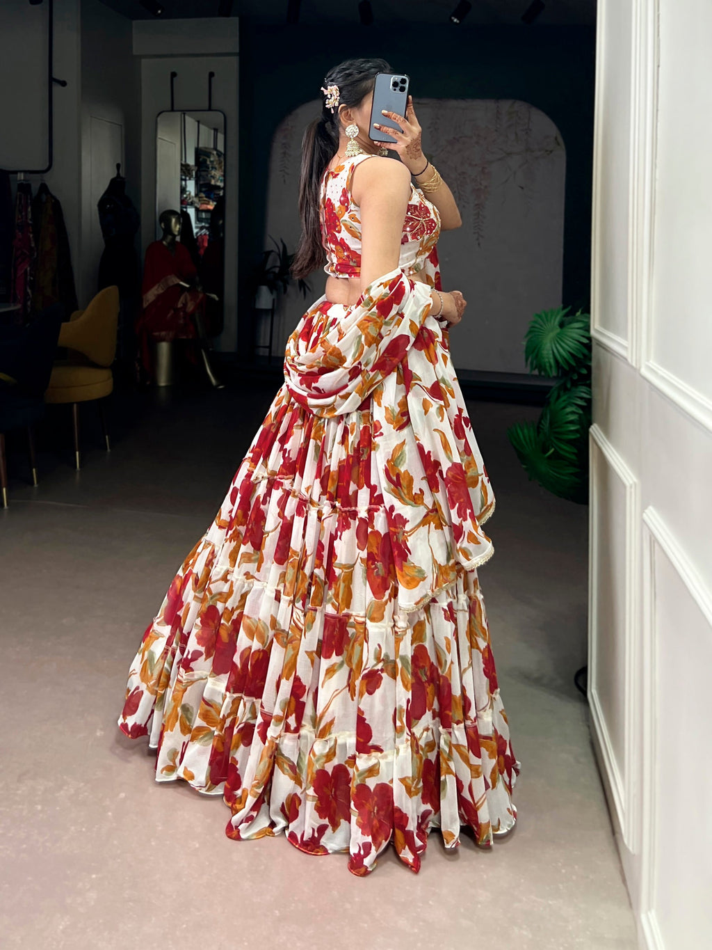 Multicolor Marble Floral Printed Lehenga Choli with Dupatta