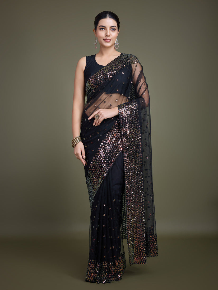 Black soft net saree with detailed sequin border and pallu
