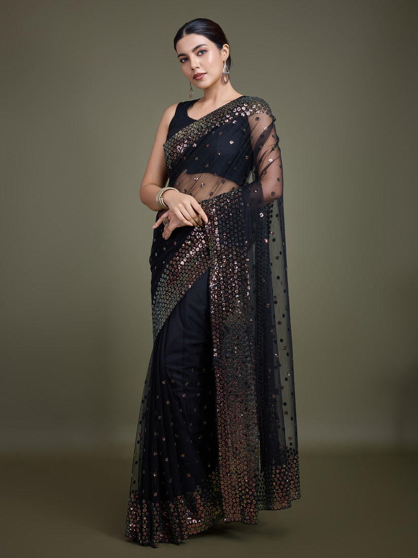 Black Soft Net Saree with Sequin Embellished Border and Pallu