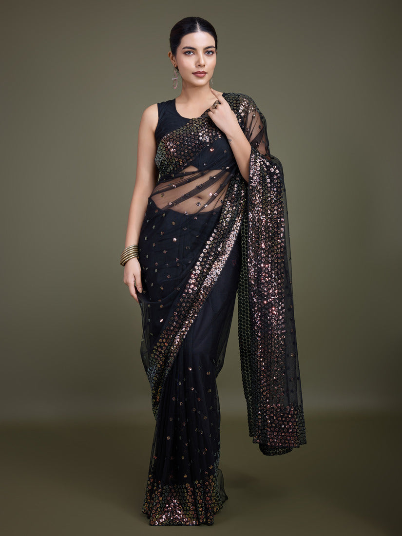 Black Soft Net Saree with Sequin Embellished Border and Pallu