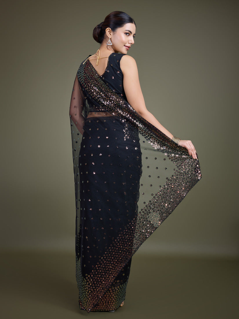 Black Soft Net Saree with Sequin Embellished Border and Pallu