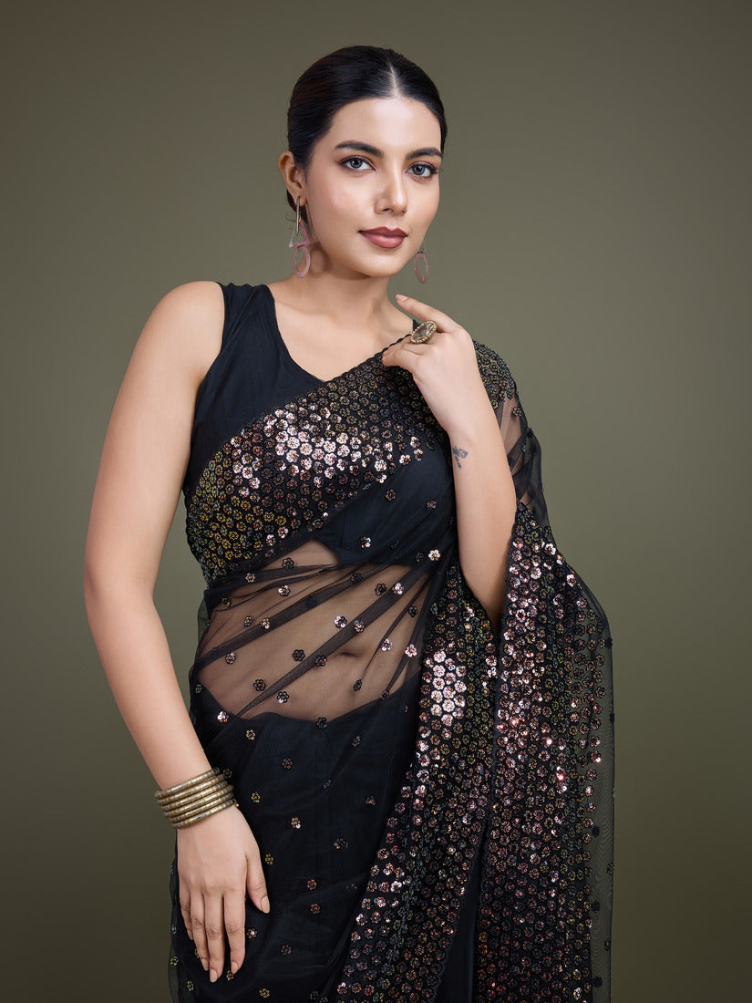 Black Soft Net Saree with Sequin Embellished Border and Pallu