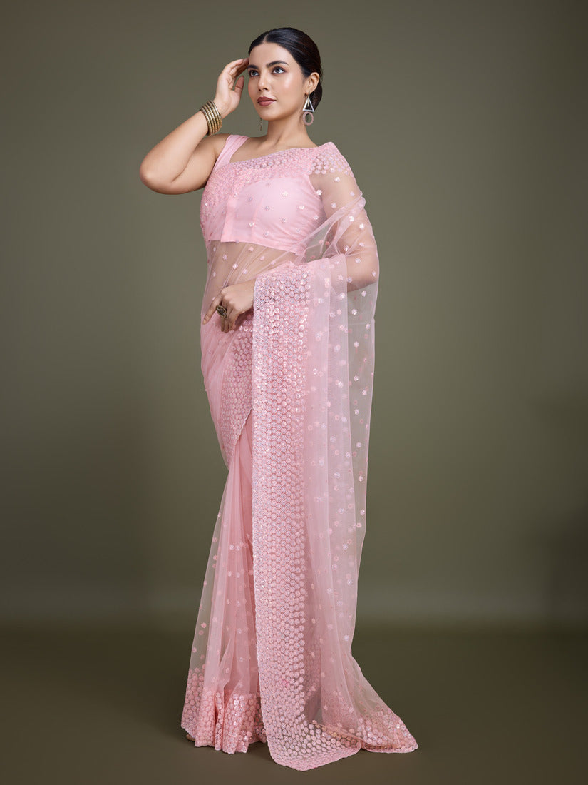 Light Pink Soft Net Saree with Sequin Embellished Border