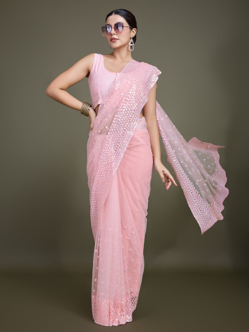 Light Pink Soft Net Saree with Sequin Embellished Border