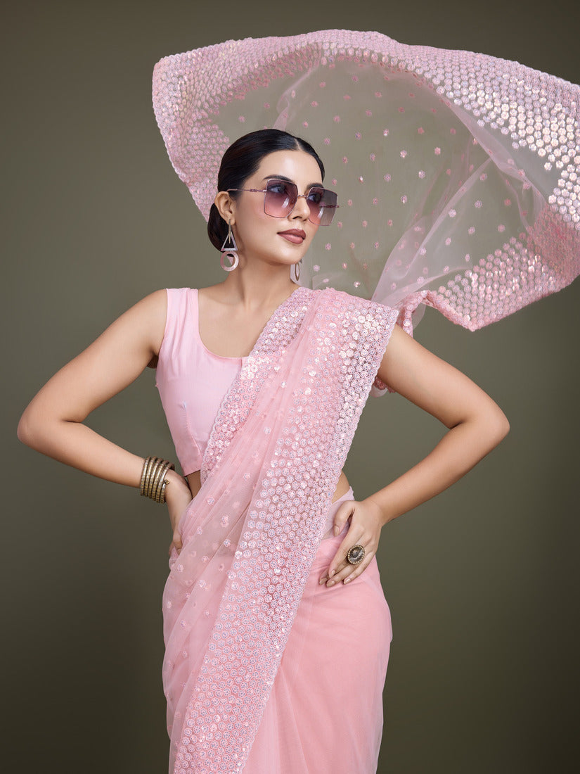 Light Pink Soft Net Saree with Sequin Embellished Border