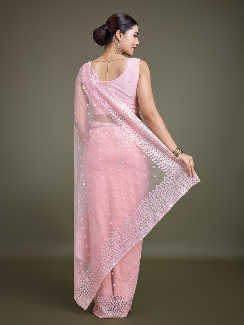 Light Pink Soft Net Saree with Sequin Embellished Border