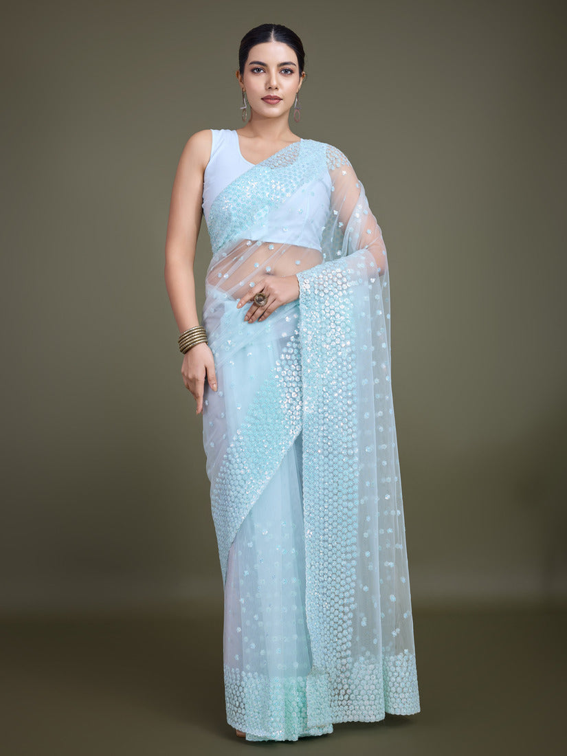 Light sky blue net saree with shimmering sequin border detailing