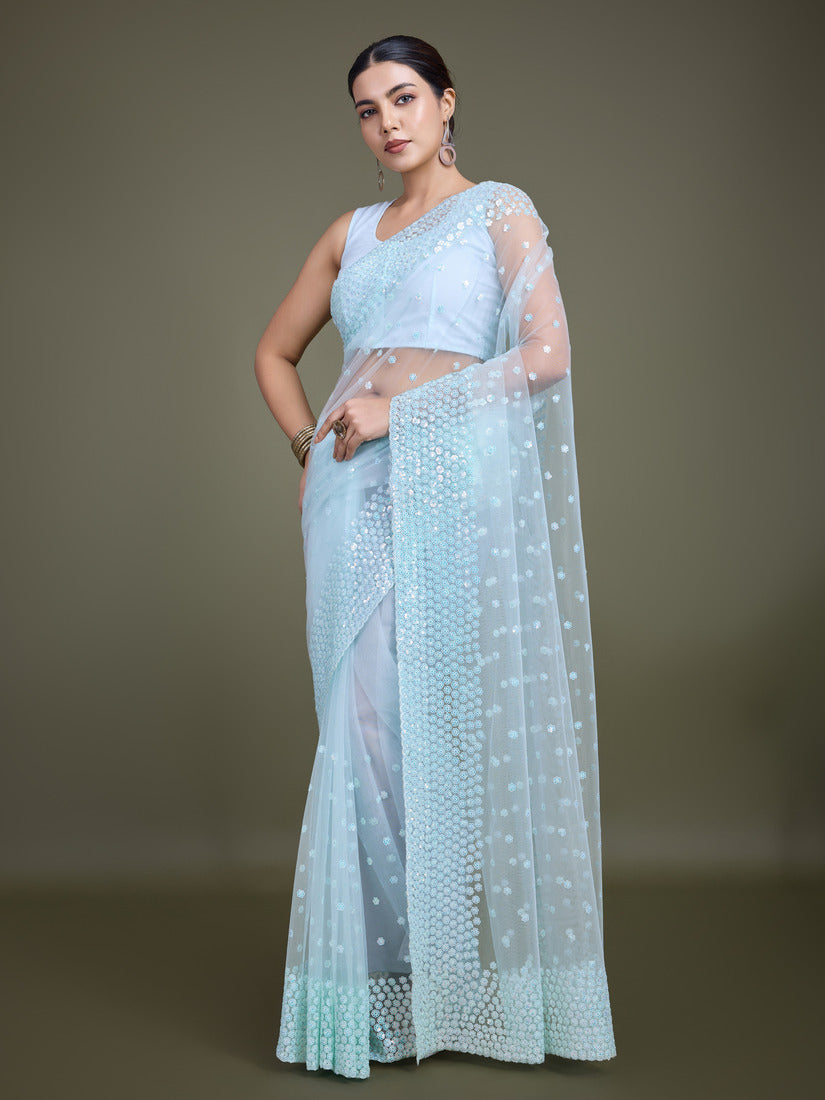Light Sky Blue Soft Net Saree with Sequin Embellished Border