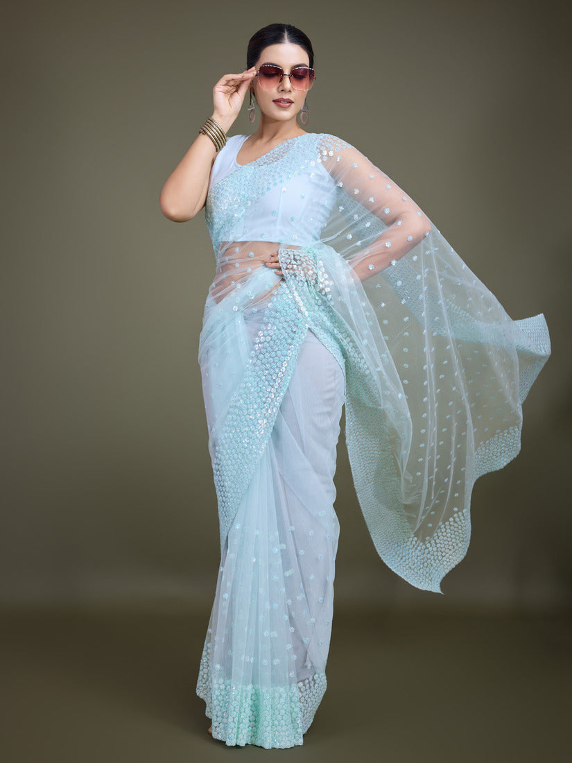 Light Sky Blue Soft Net Saree with Sequin Embellished Border