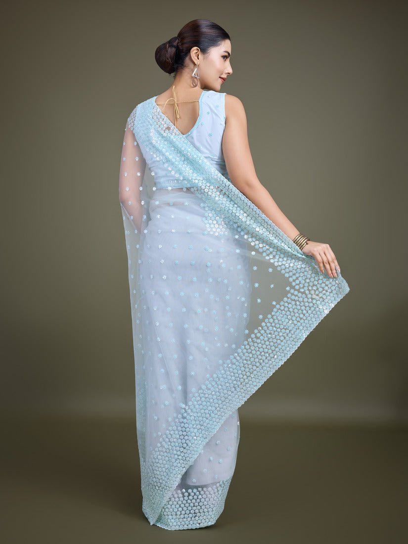 Light Sky Blue Soft Net Saree with Sequin Embellished Border