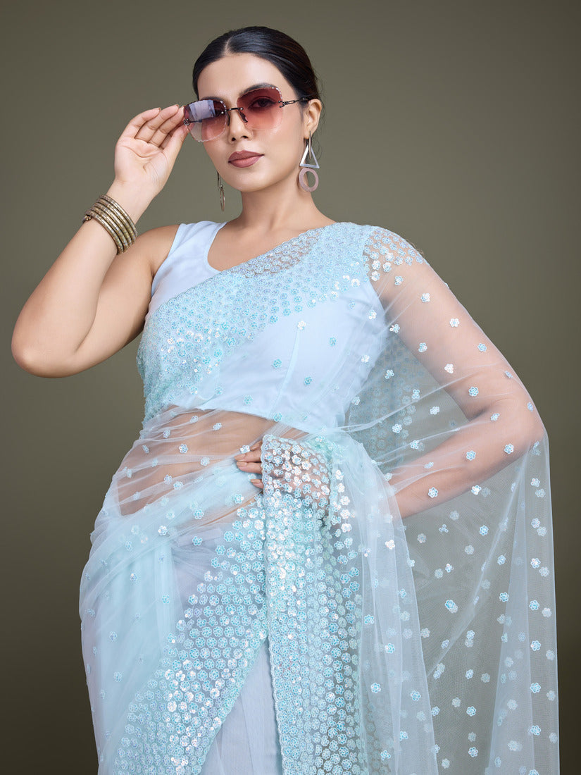 Light Sky Blue Soft Net Saree with Sequin Embellished Border