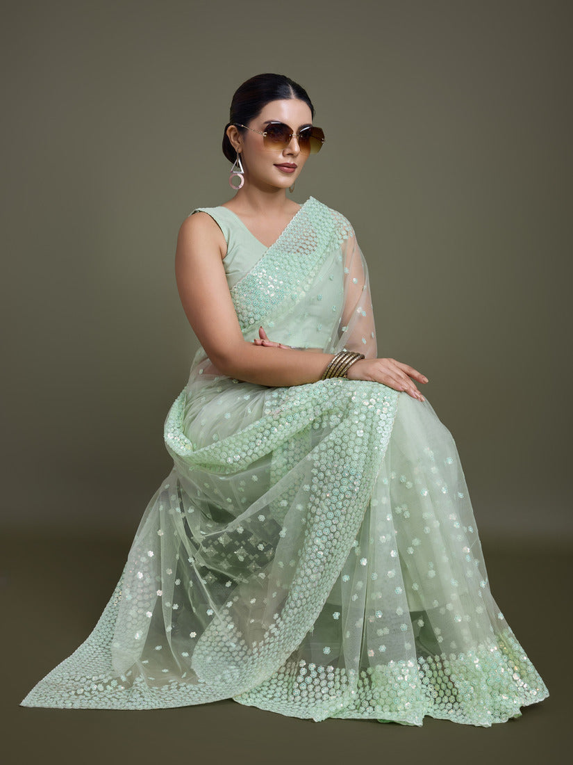 Monjolika Fashion Women'S Light Green Soft Net SareeWith Sequin Embellished Border And Pallu