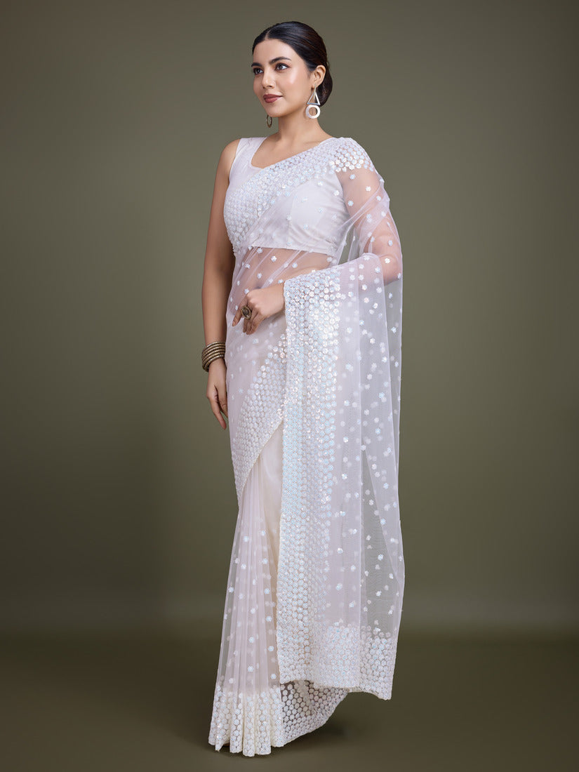 White Soft Net Saree with Sequin Embellished Border