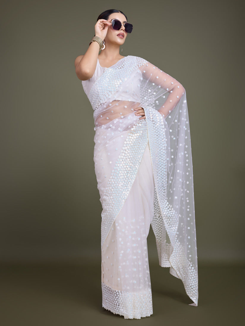 White Soft Net Saree with Sequin Embellished Border