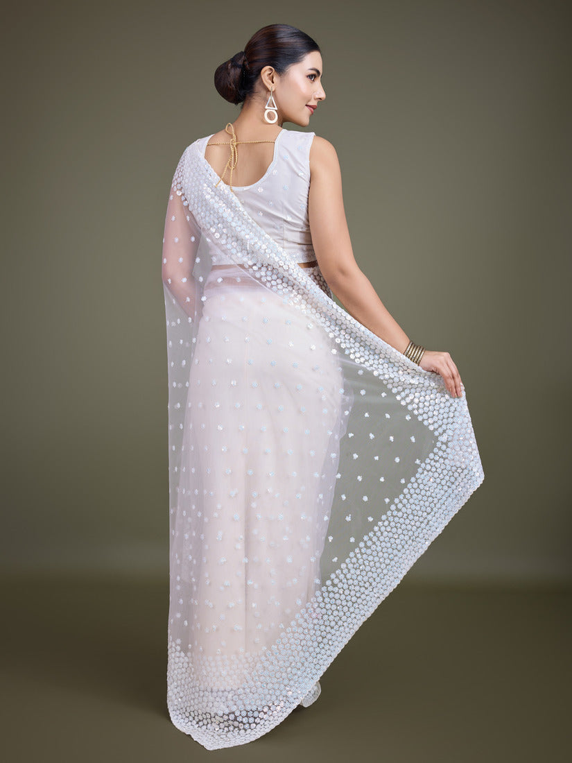 White Soft Net Saree with Sequin Embellished Border