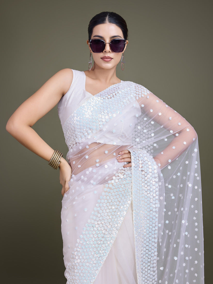 White Soft Net Saree with Sequin Embellished Border