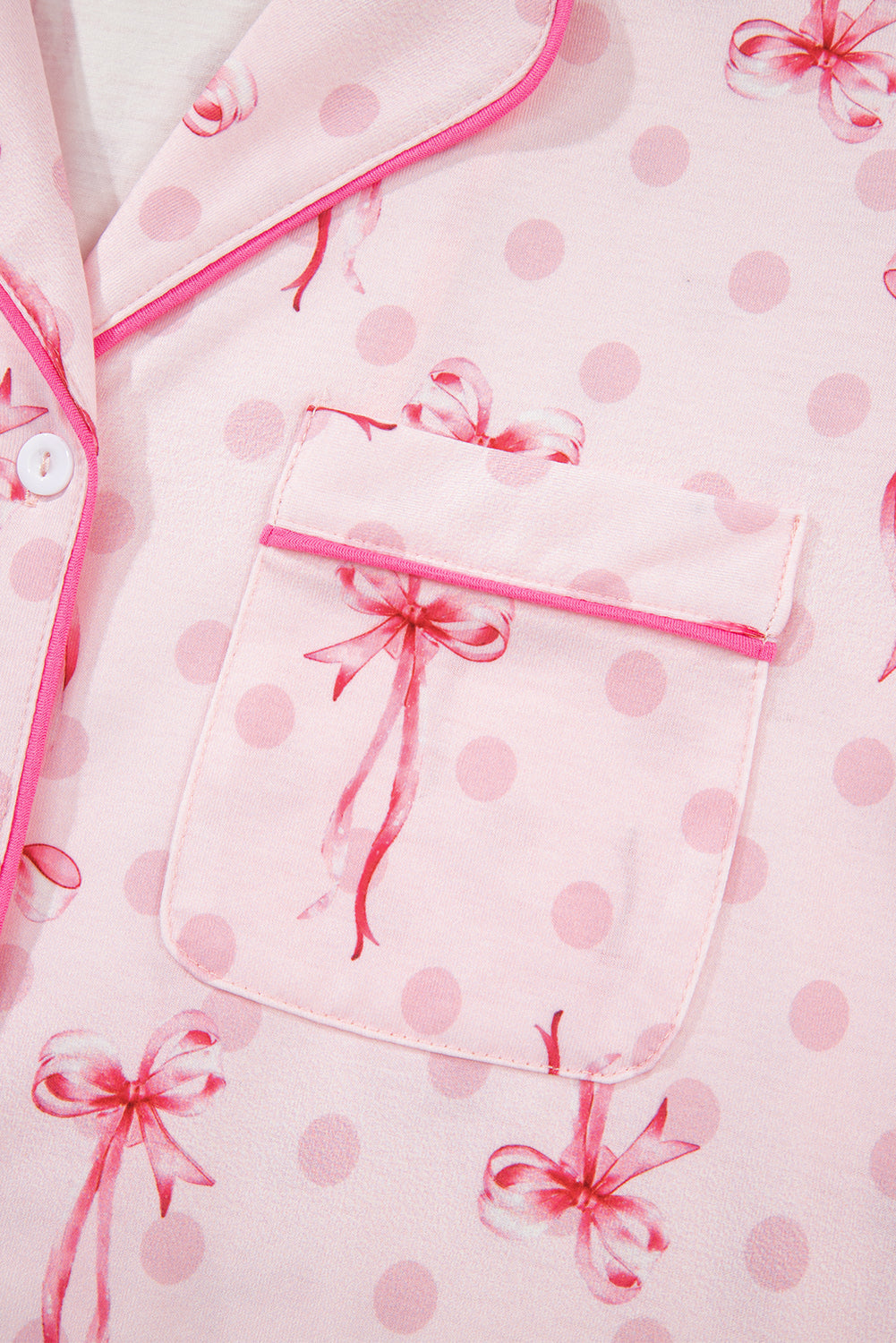 Pink Bow Print Contrast Piping Short Pajamas Set