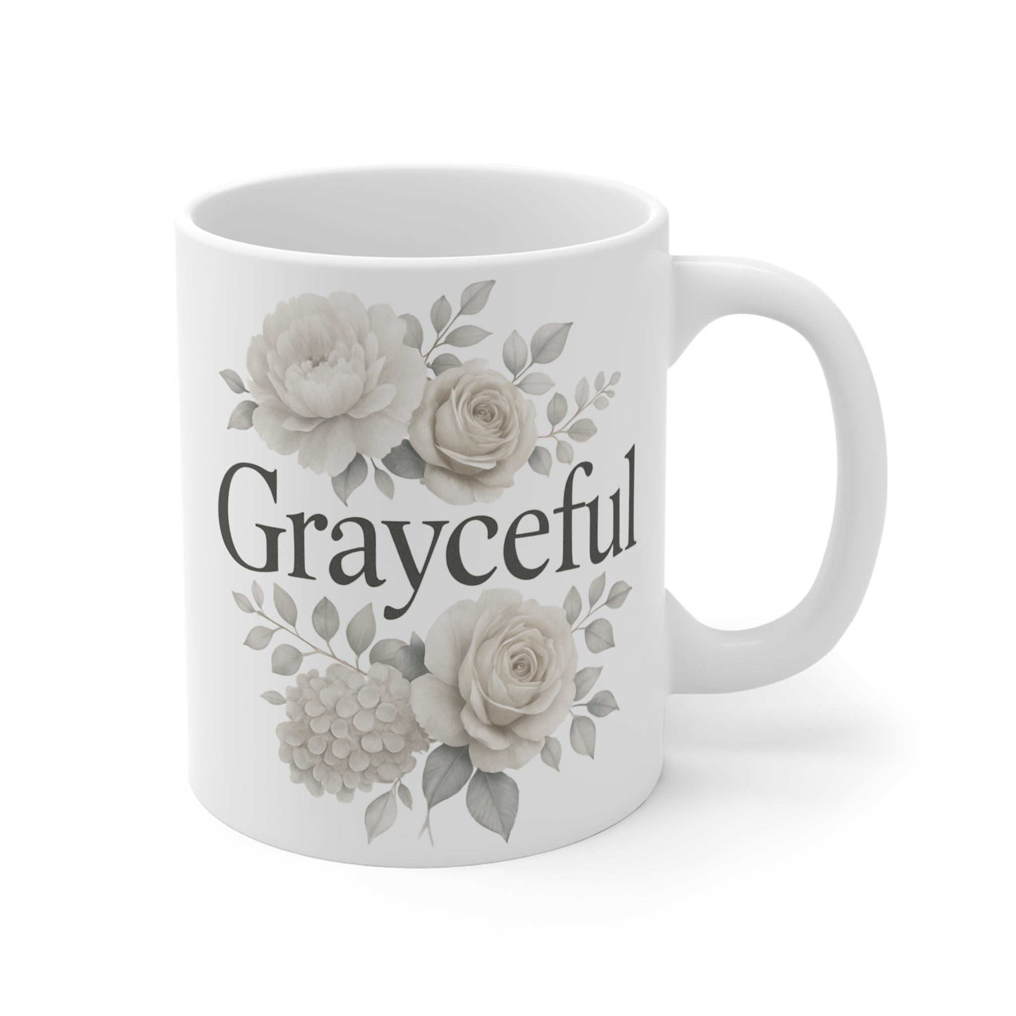 Floral Gratitude Ceramic Mug, Minimalist Neutral Coffee Tea Cup