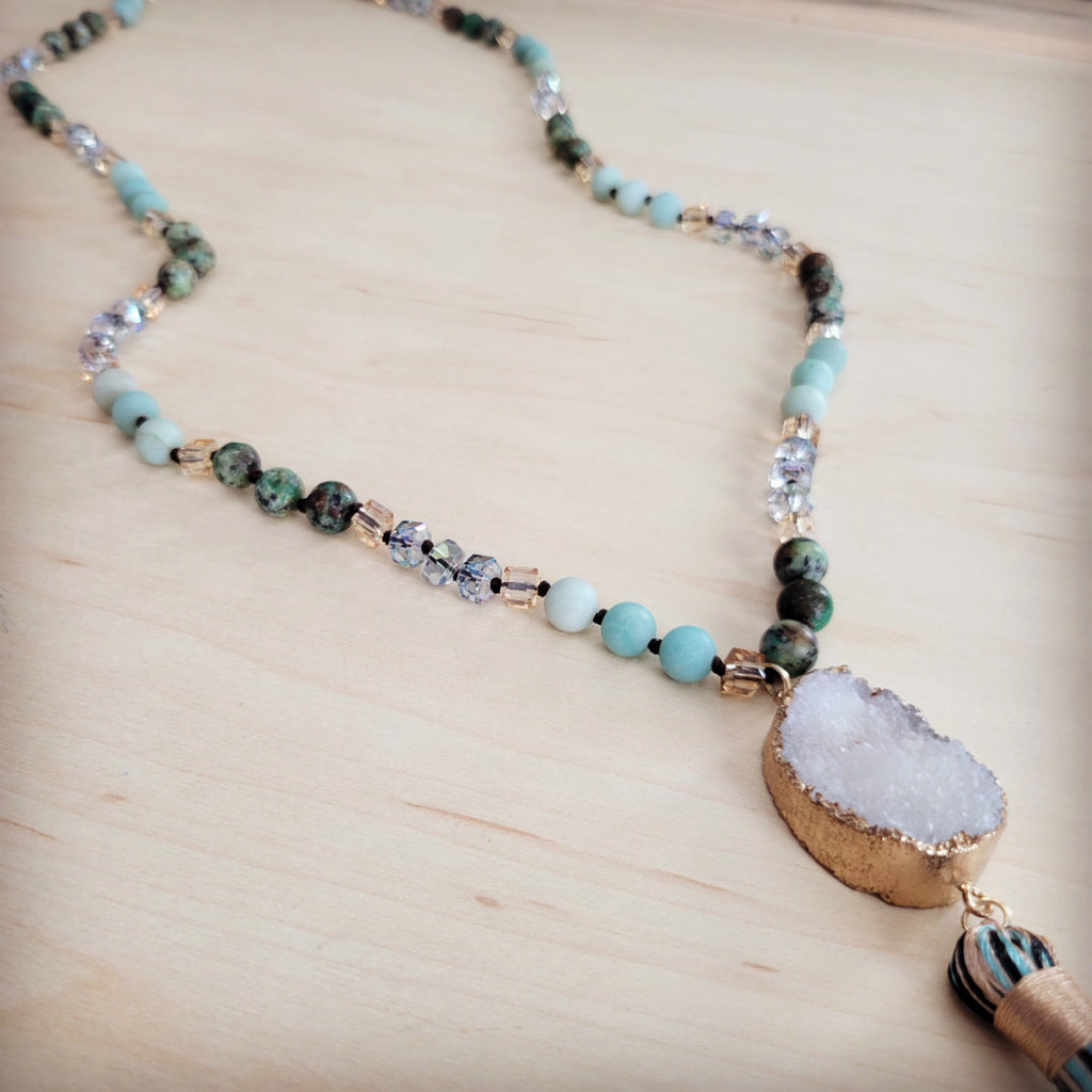 Amazonite Bead Necklace with White Druzy Pendant and Tassel
