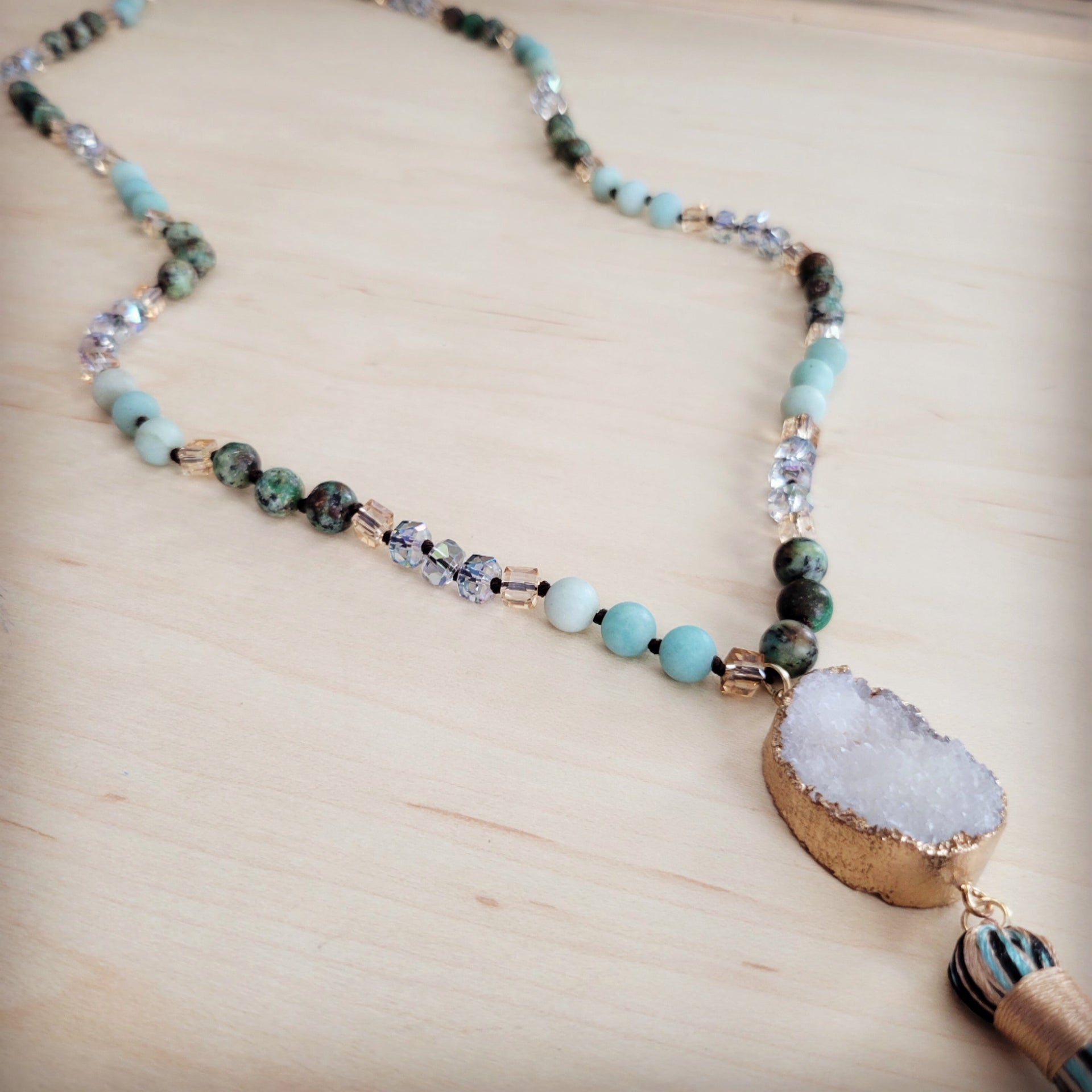 Amazonite Bead Necklace with White Druzy Pendant and Tassel