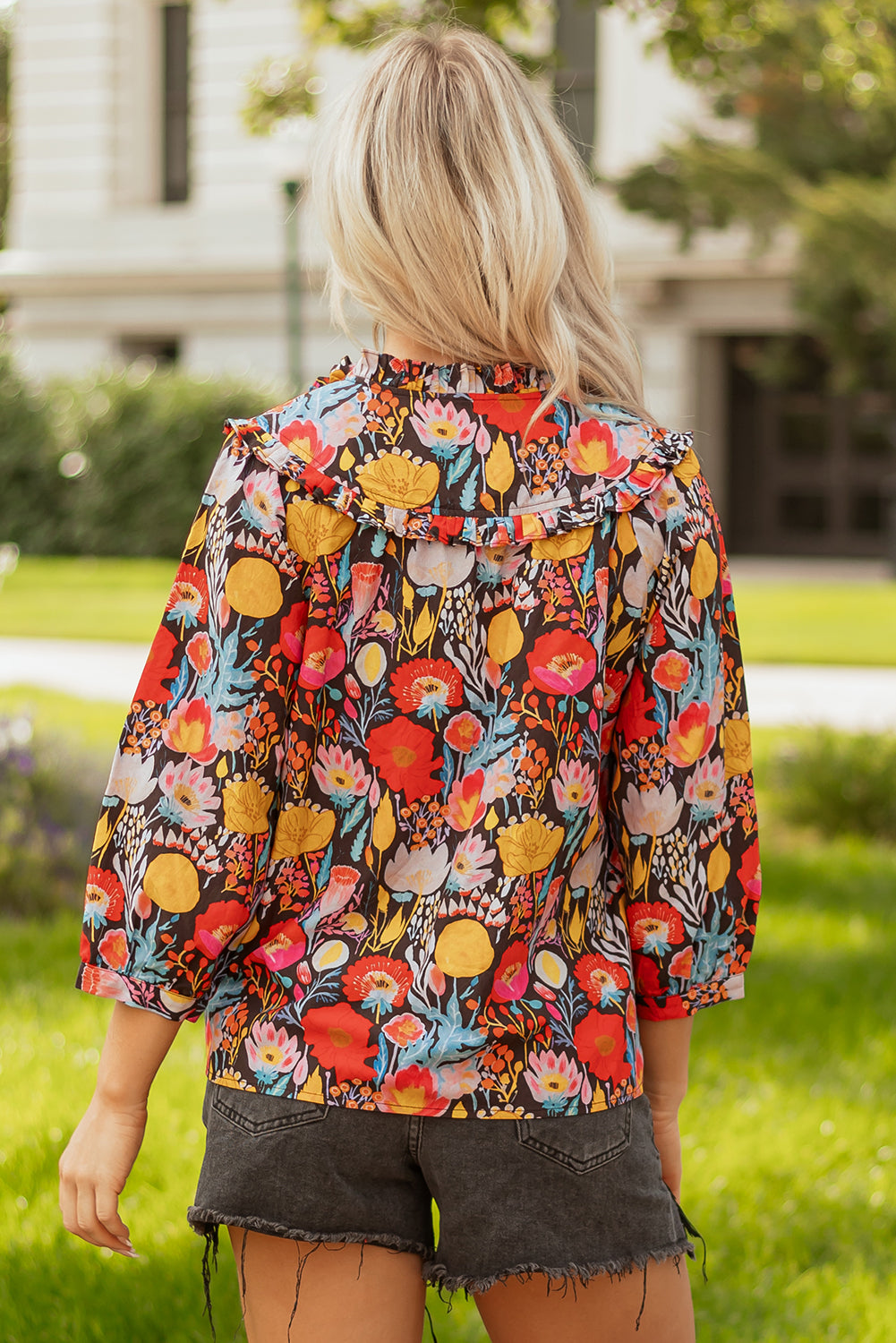 Floral 3/4 Puff Sleeve Tied Neck Blouse