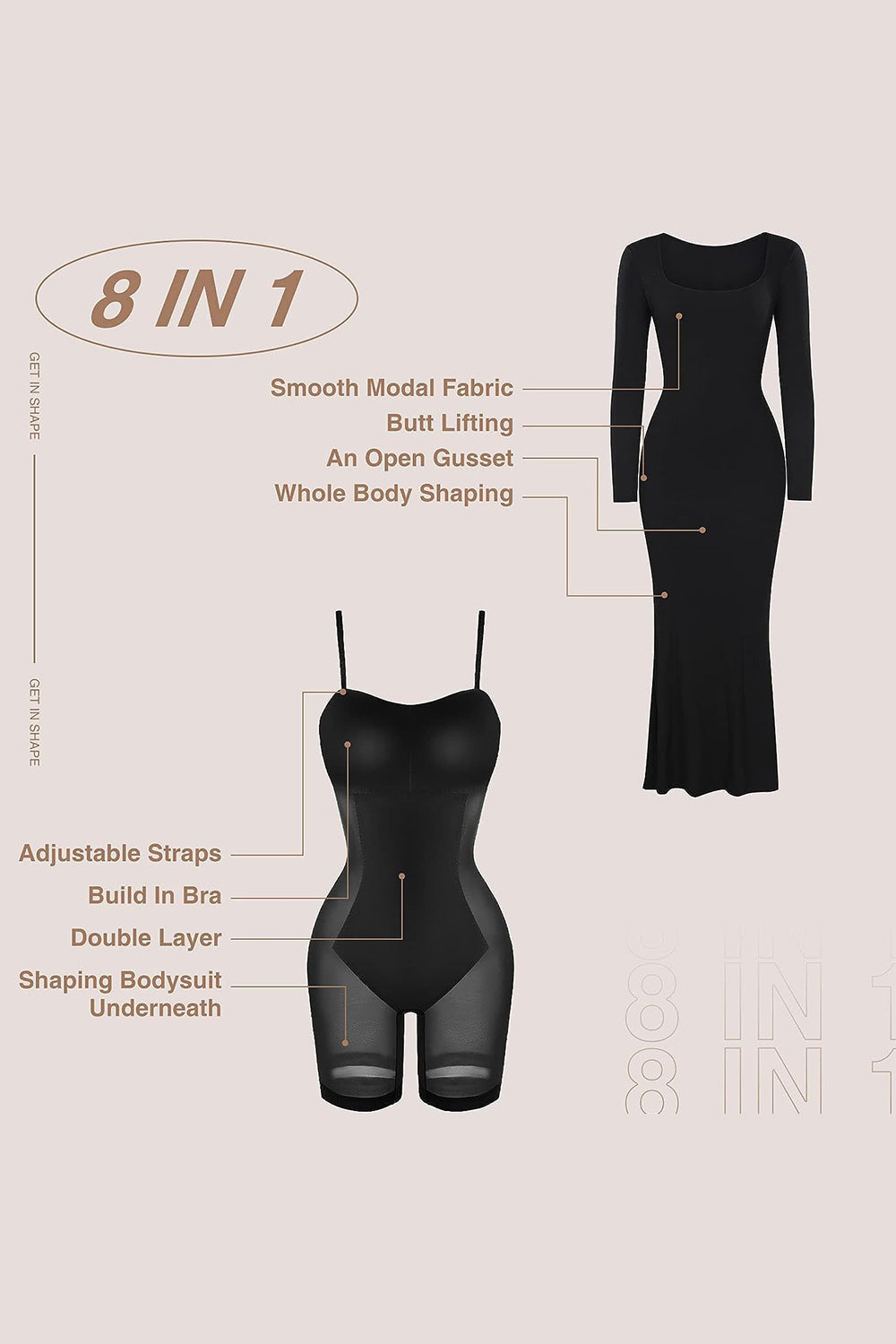Caramel Square Neck Long Sleeve Maxi Dress with Built-In Shapewear