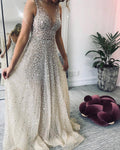 Spring Summer Women Clothing Gold V neck Dress Sling Gradient Mop Dress