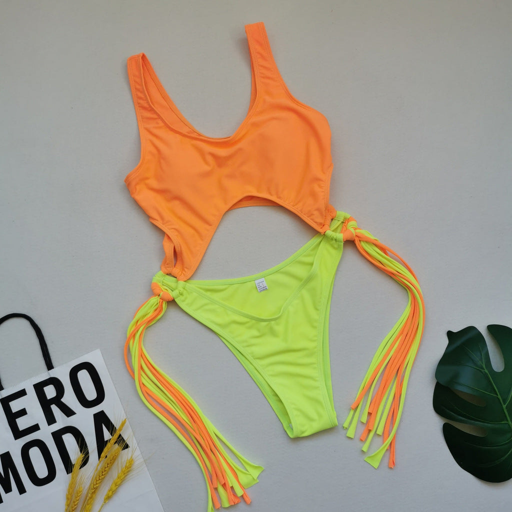 Swimsuit Swimwear One Piece Contrast Color Tassel Sexy One Piece Swimsuit