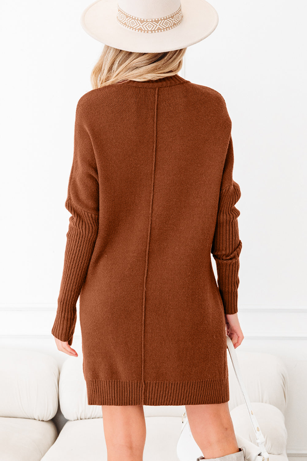 Women's Ribbed Mock Neck Sweater Dress in Brown and Red