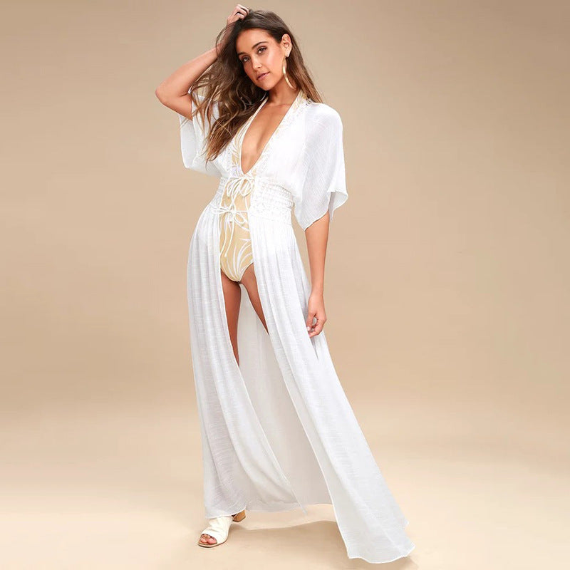 Boho Chiffon Maxi Cardigan Tie-Front Beach Cover-Up