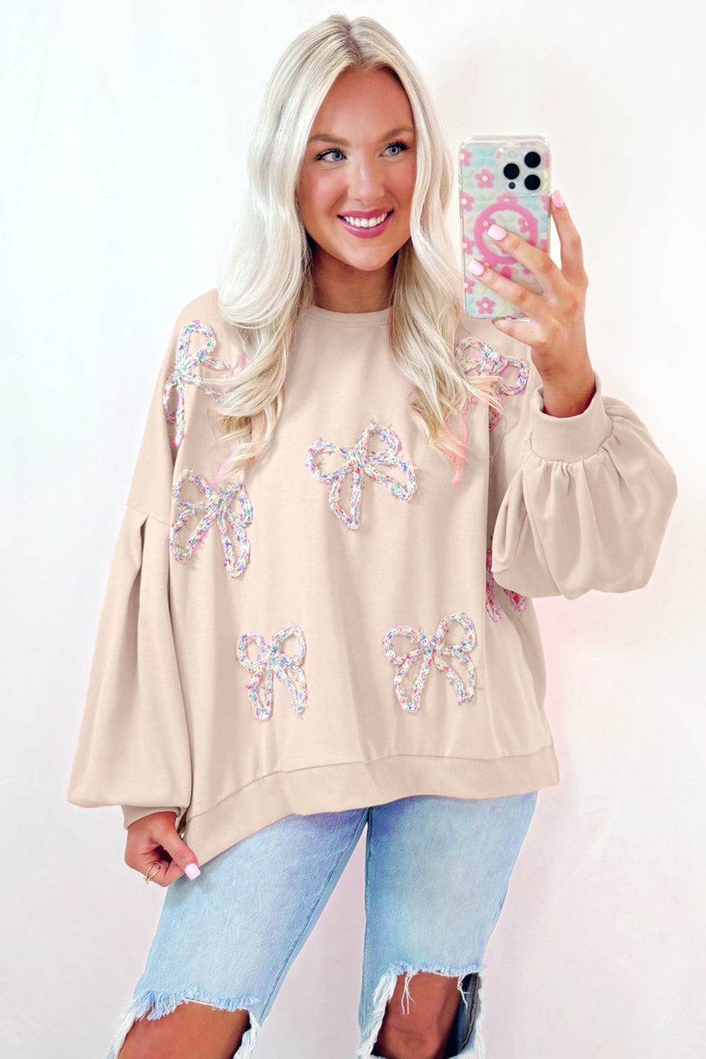 Parchment Embroidered Bow Lantern Sleeve Oversized Sweatshirt