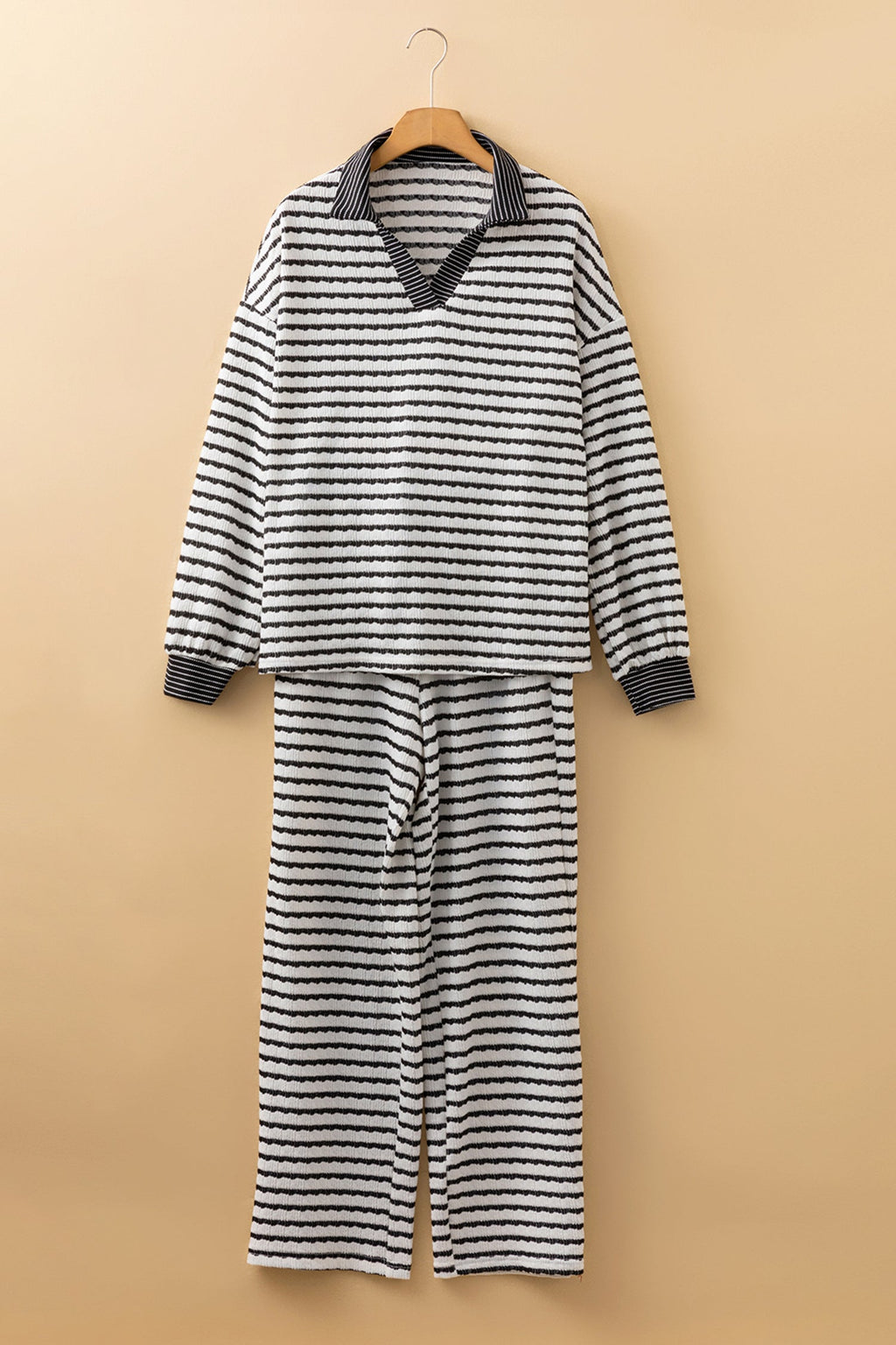 White Stripe Collared Pullover Top & Drawstring Pant Set