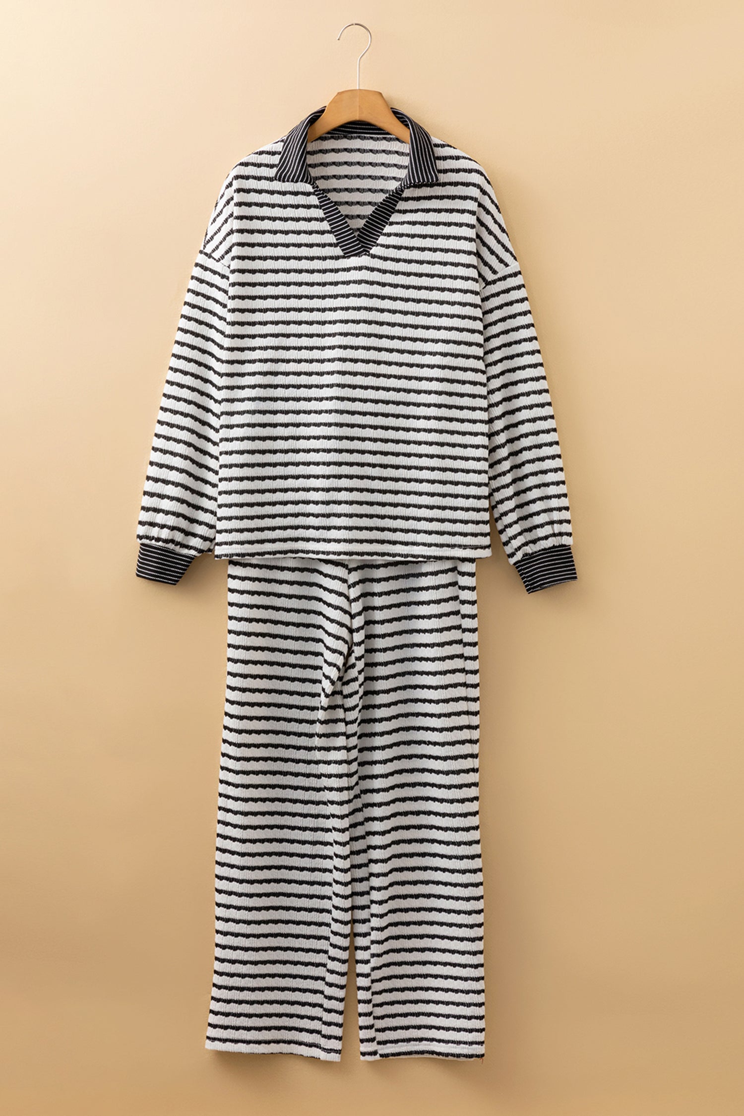 White Stripe Collared Pullover Top & Drawstring Pant Set