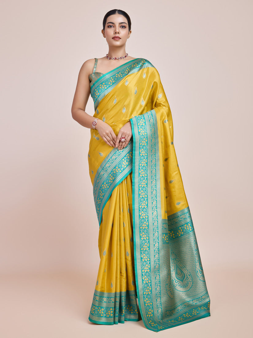 Yellow Banarasi tissue silk saree with gold zari woven accents
