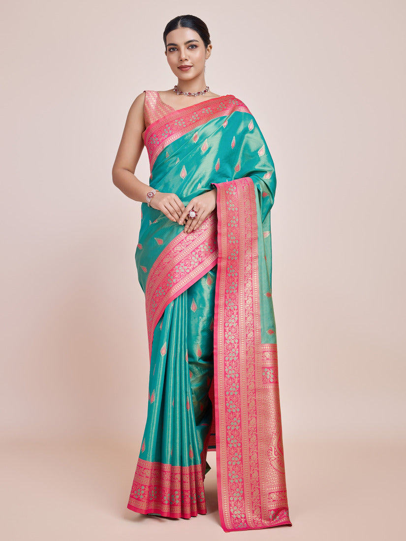 Turquoise tissue silk saree with golden Zari weaving