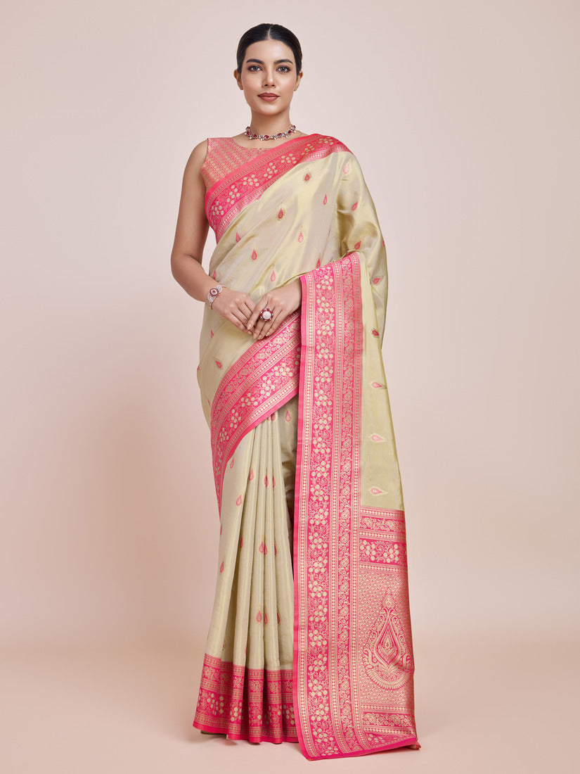 Cream Banarasi tissue silk saree with gold zari woven pattern