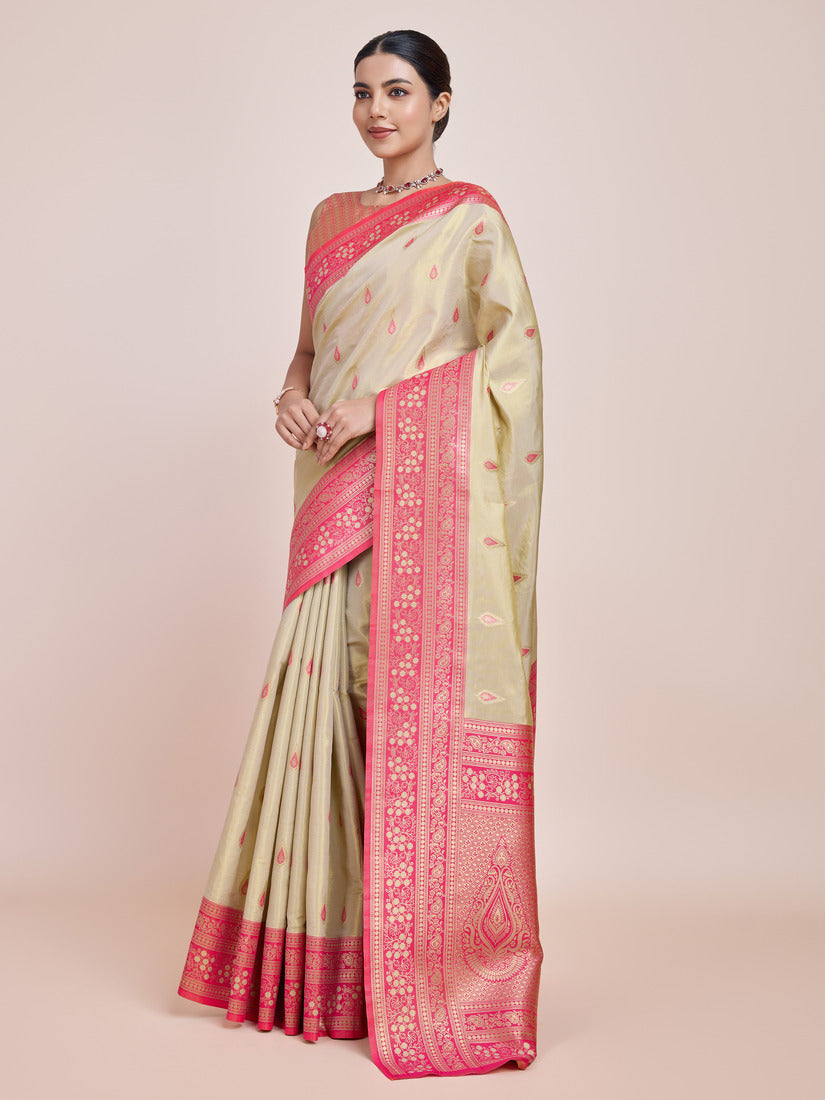 Cream Banarasi Tissue Silk Saree with Traditional Zari Weave