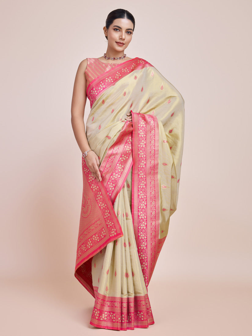 Cream Banarasi Tissue Silk Saree with Traditional Zari Weave