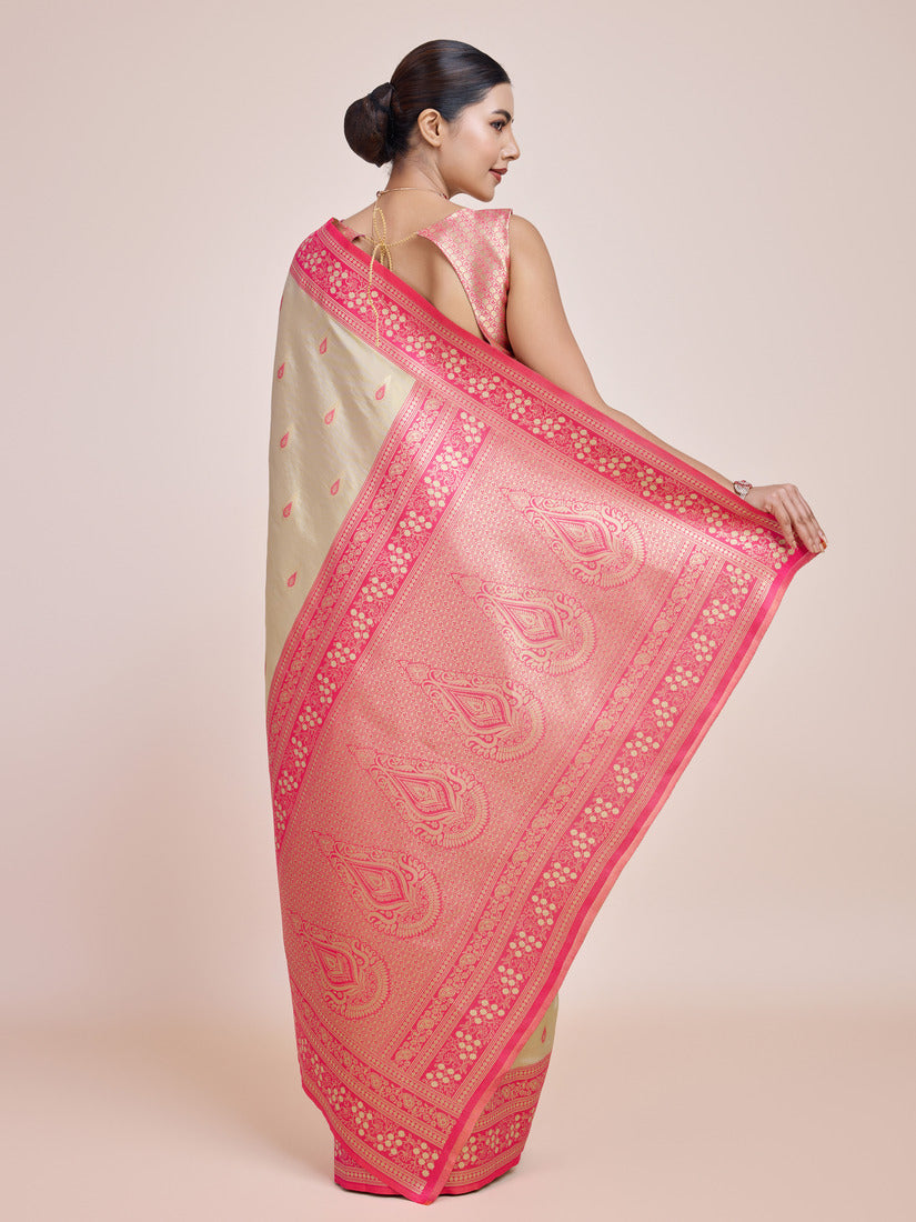 Cream Banarasi Tissue Silk Saree with Traditional Zari Weave