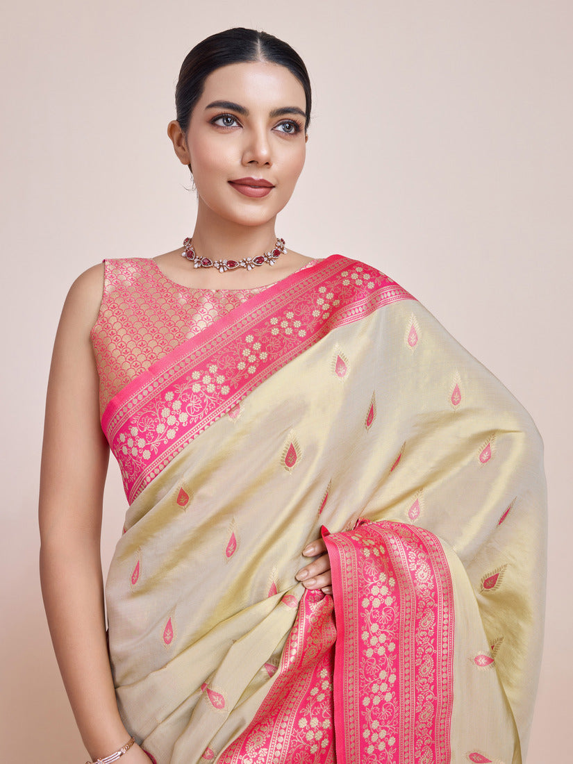 Cream Banarasi Tissue Silk Saree with Traditional Zari Weave