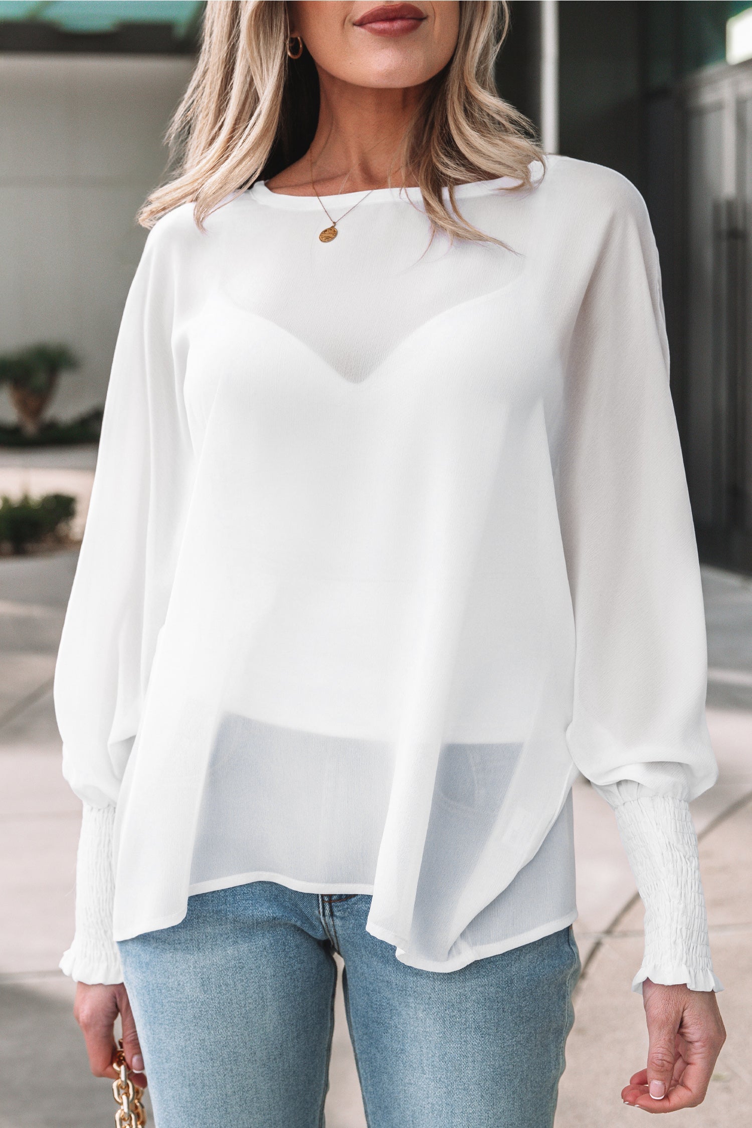 White Dolman Sleeve Blouse with Smocked Cuffs Long Sleeve Top