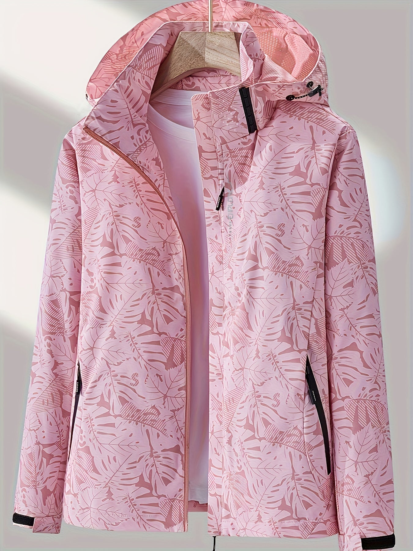 Women's Tropical Leaf Print Lightweight Windproof Hooded Jacket - Image 7