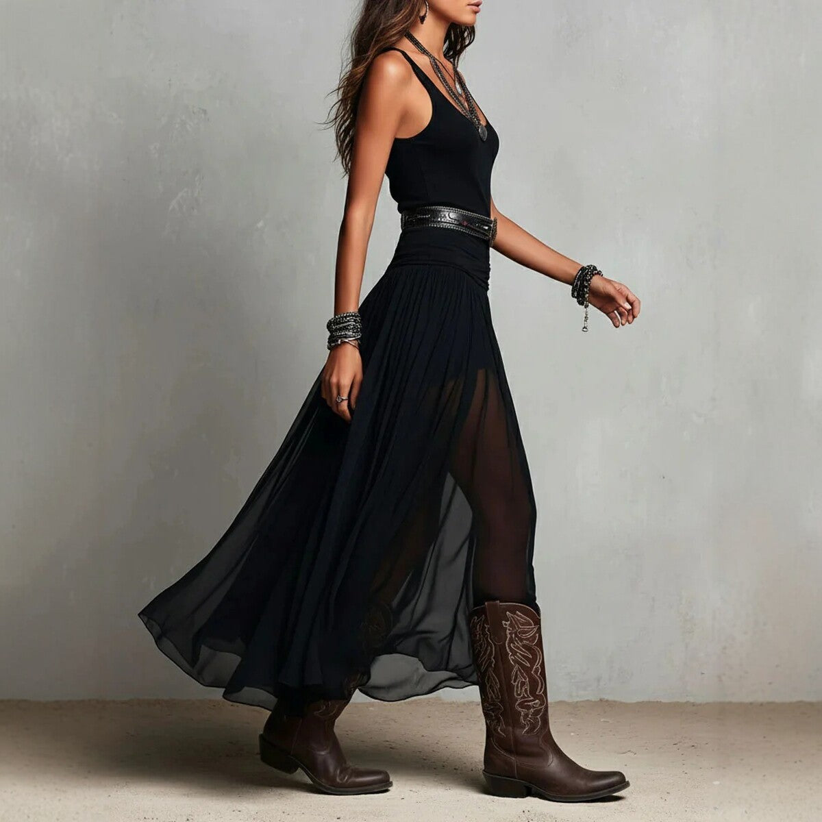 Black Mesh Strap Maxi Dress V-Neck Pleated Chiffon Evening Gown