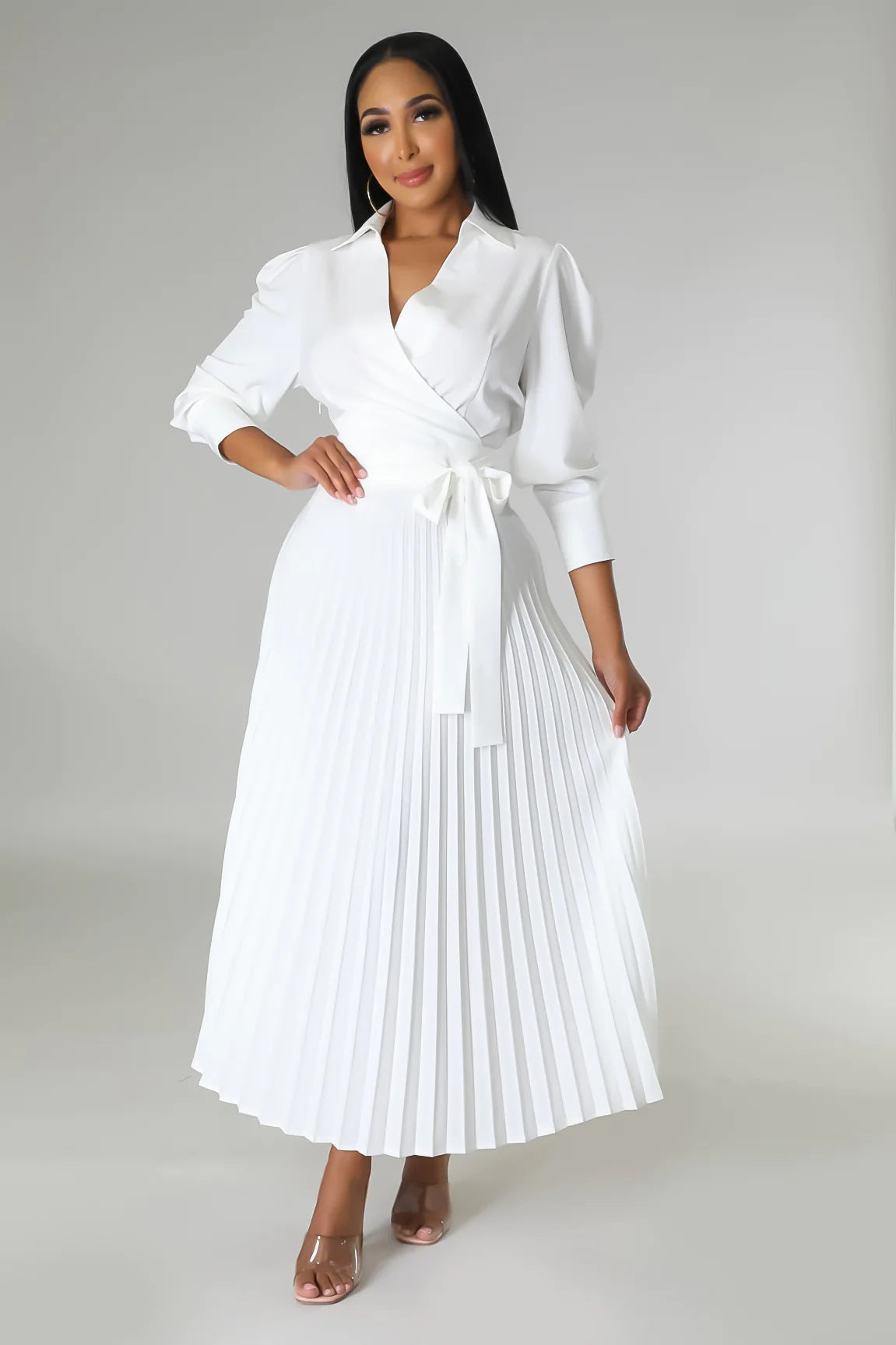 Spring Summer Long Sleeves Polo Collar High Waist Casual Pleated Women Clothing Dress