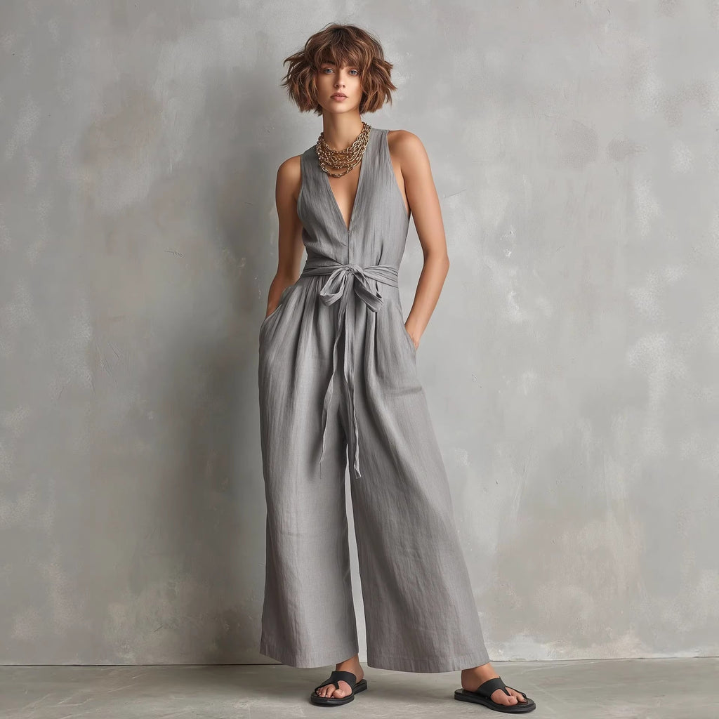 Women's V-Neck Sleeveless Jumpsuit with Waist Tie in Gray - Image 2