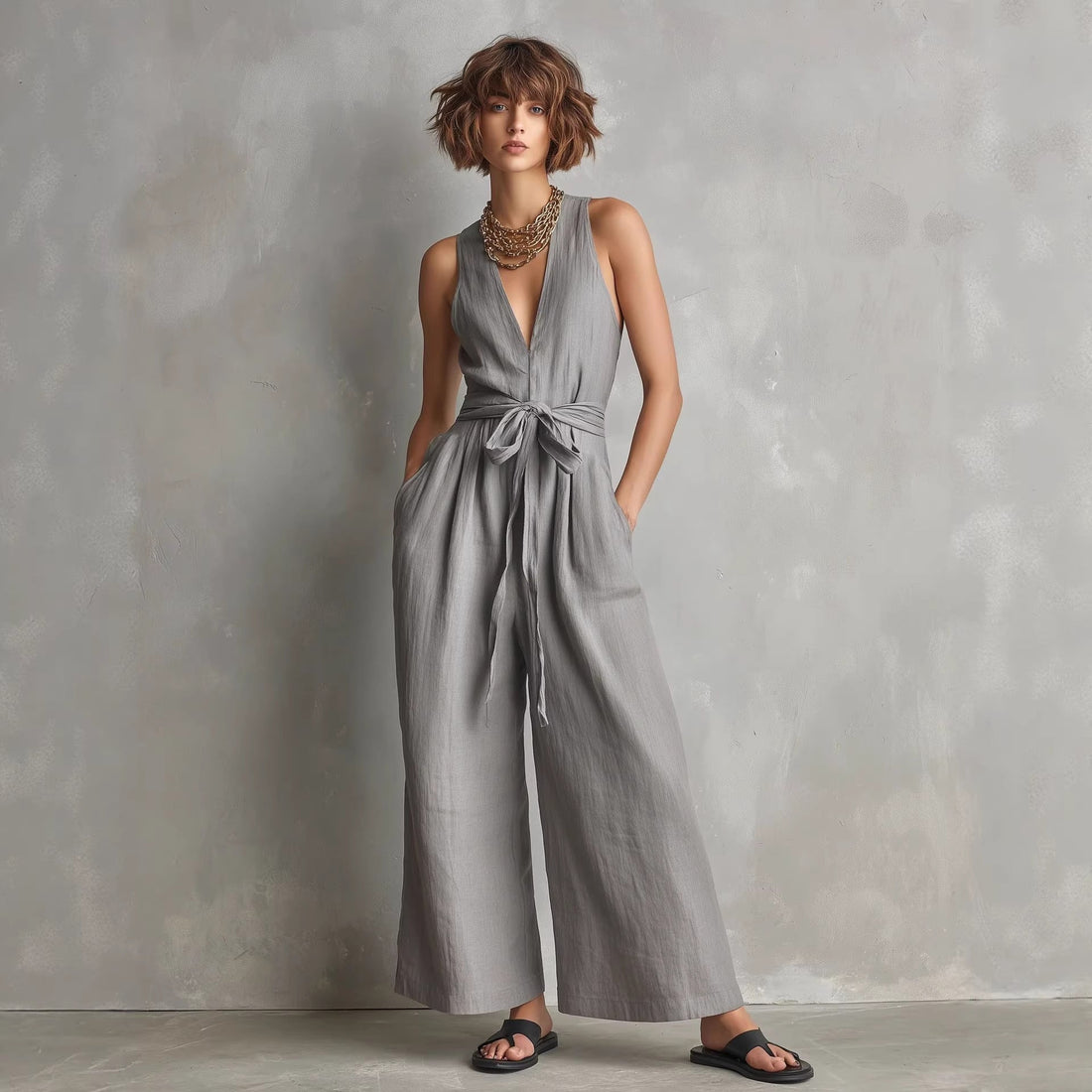 Women's V-Neck Sleeveless Jumpsuit with Waist Tie in Gray - Image 2
